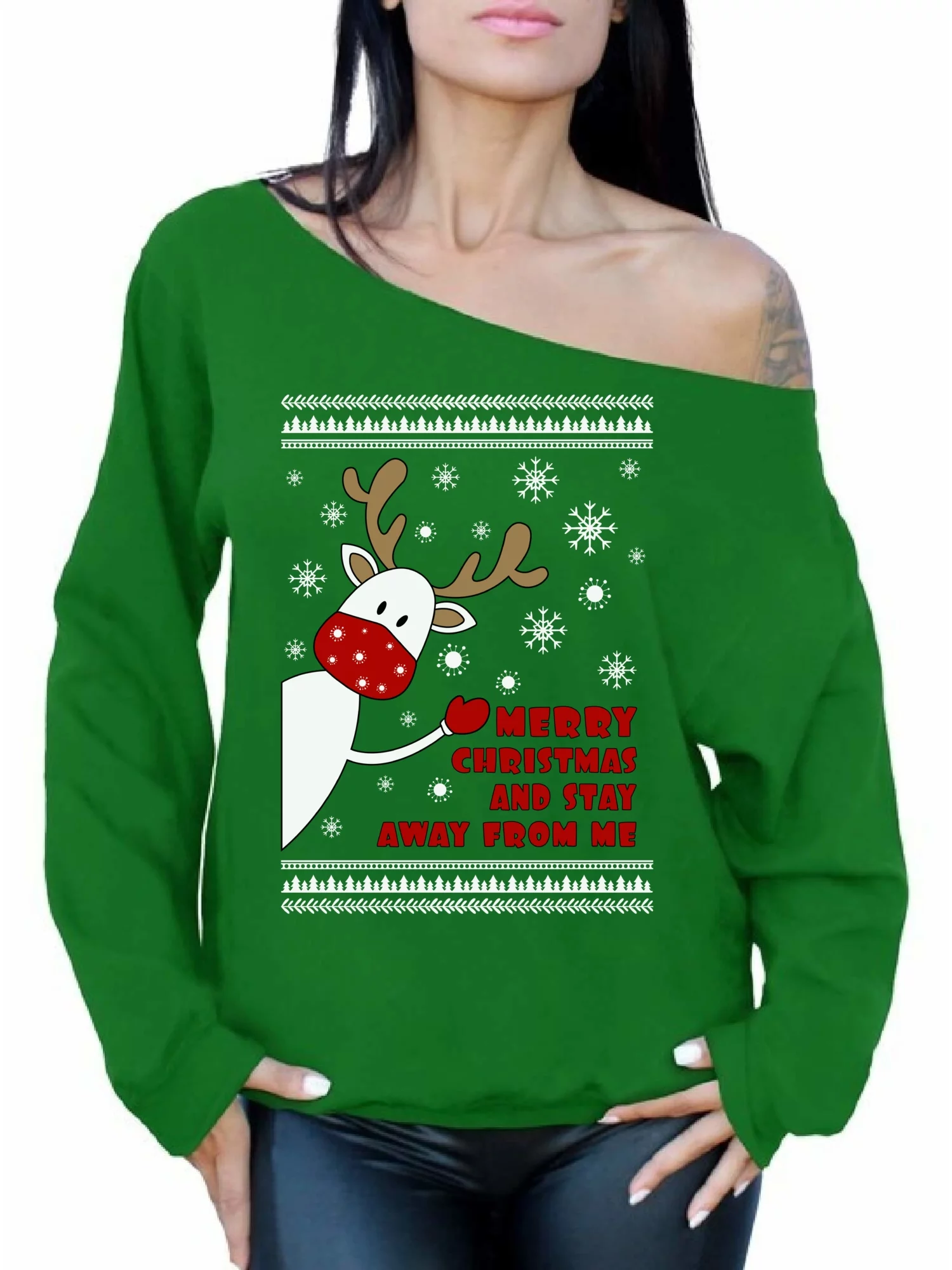 Merry Christmas Sweater Deer Top New Year 2021 Xmas Gifts Happy Holidays Off Shoulder Women Sweater Xmas 2020 Outfit Cute Reindeer Sweater Christmas Sweatshirt for Ladies Stay Away From Me Sweater