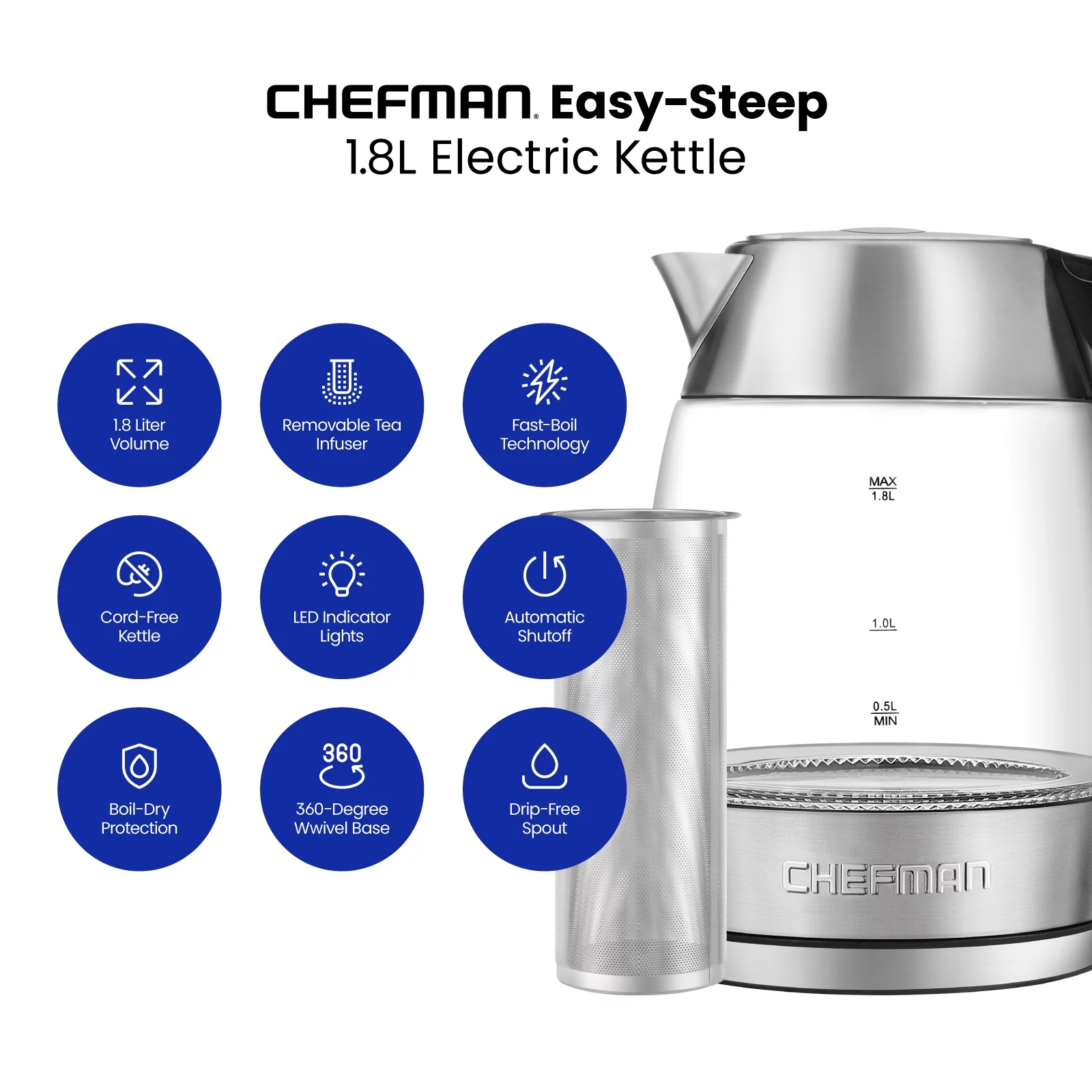 Chefman 1.8L Glass Electric Kettle, Fast Boiling W/ LED Light, Auto Shutoff, Removable Tea Infuser - Stainless Steel, New