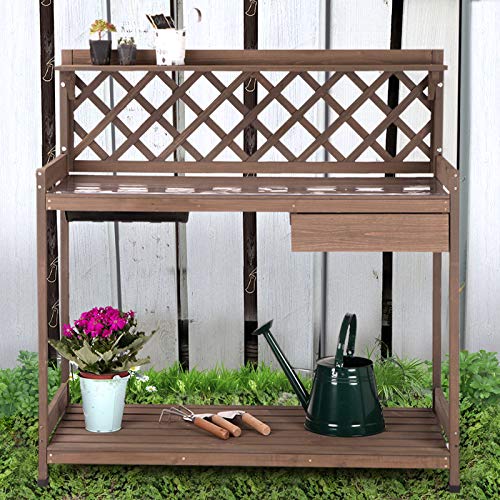GUTINNEEN Potting Bench Garden Table for Plants Outside Outdoor Wooden Garden Work Bench with Sink Storage PVC Layer Drawer Shelf Hook for Gardening