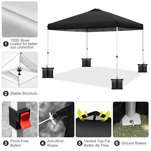WEIZE Pop up Canopy Tent 10x10ft, 1-Button Push Setup, Instant Portable Shelter, Adjustable Height, Portable Roller Bag, 4 Weight Bags, Guy Ropes & Stakes Included Blue