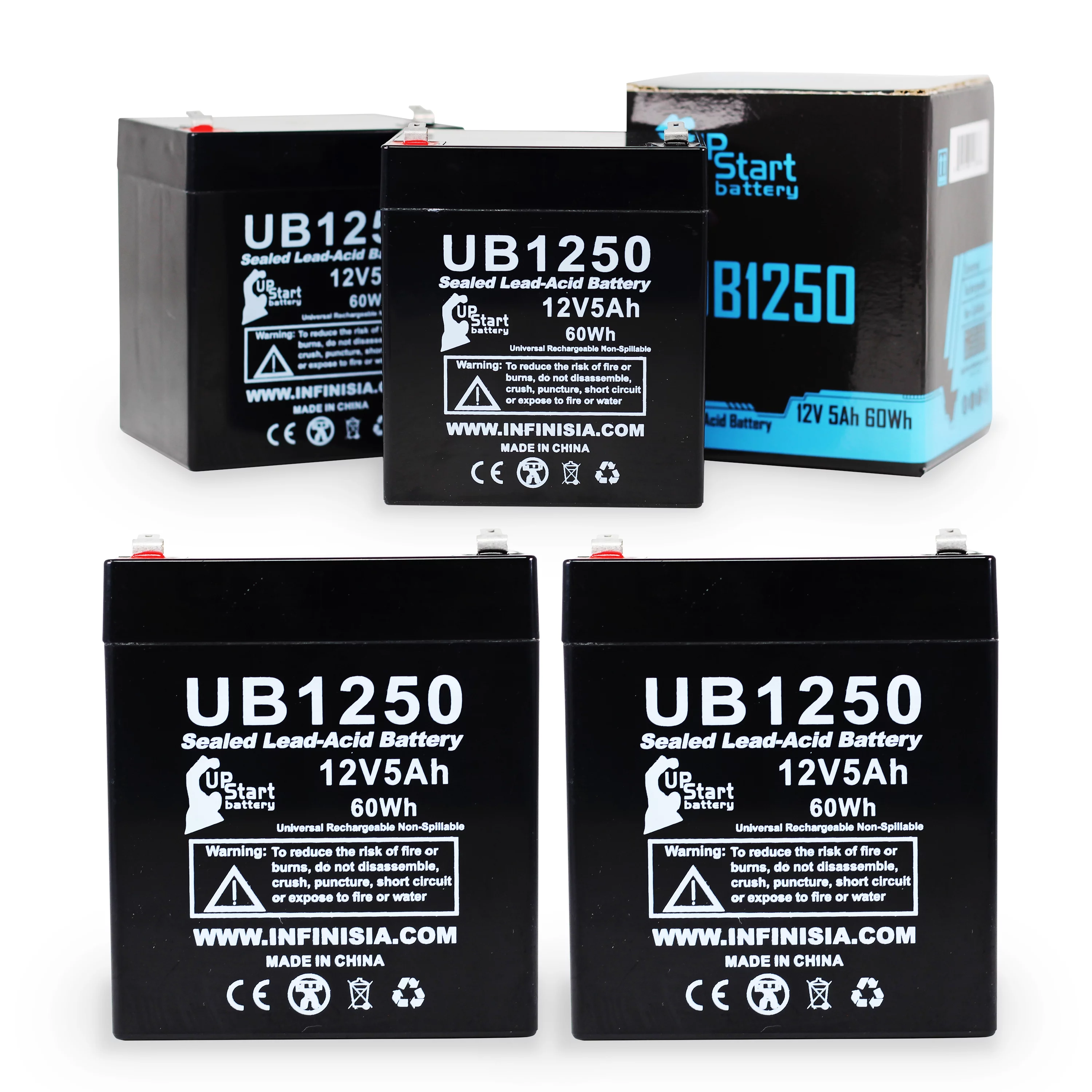 4x Pack - APC BACK-UPS ES 500VA BE500 Battery Replacement - UB1250 Universal Sealed Lead Acid Battery (12V, 5Ah, 5000mAh, F1 Terminal, AGM, SLA) - Includes 8 F1 to F2 Terminal Adapters