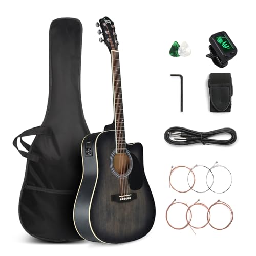 GLARRY Full Size 6 Strings Acoustic Electric Guitar Beginner Kit, Cutaway 41 Inch Electric Acoustic Guitar w/Inbuilt Tuner, Bag, Strap, Picks, Strings, Basswood Guitarra, Matte Distressed Black
