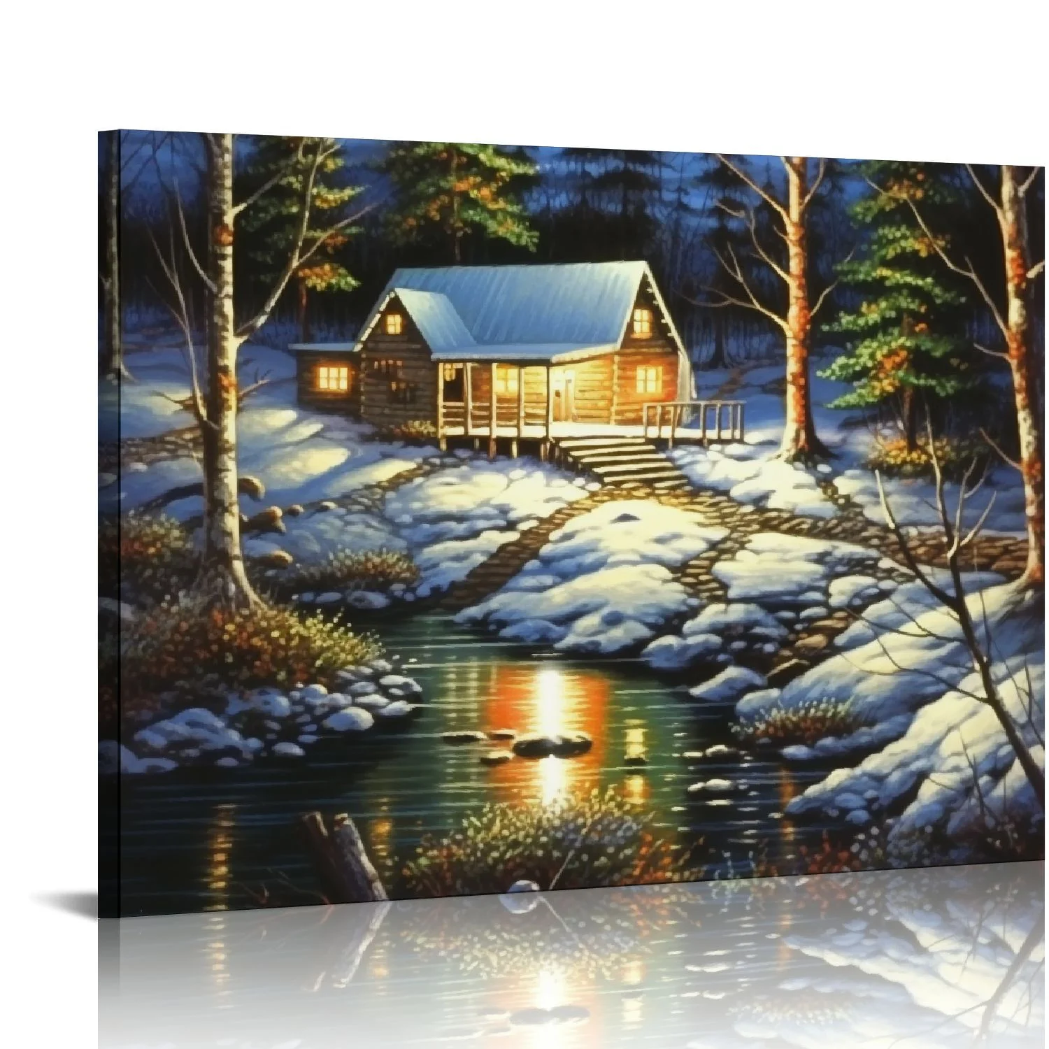 JEUXUS Woodland Retreat by Jim Hansel 20x16in Log Cabin Winter Snow Deer Framed Art Picture