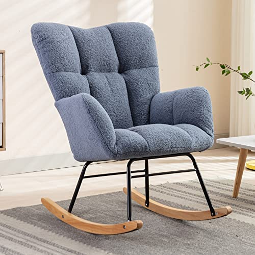 NIOIIKIT Nursery Rocking Chair Teddy Upholstered Glider Rocker Rocking Accent Chair Padded Seat with High Backrest Armchair Comfy Side Chair for Living Room Bedroom Offices (Dark Grey)