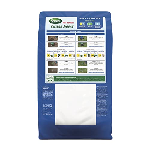 Scotts Turf Builder Grass Seed Sun & Shade Mix with Fertilizer and Soil Improver, Thrives in Many Conditions, 5.6 lbs.