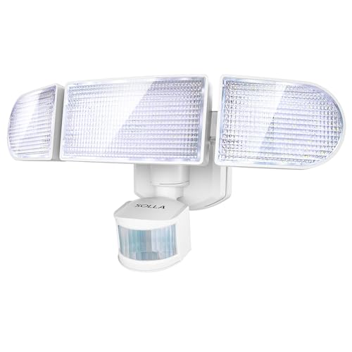 Battery Powered LED Flood Light Outdoor, 1800LM Motion Sensor Security Lights, 5000K, IP65 Waterproof, Wireless Flood Light Battery Operated, 3-Head Motion Detector Light for Outside (White, 1Pack)