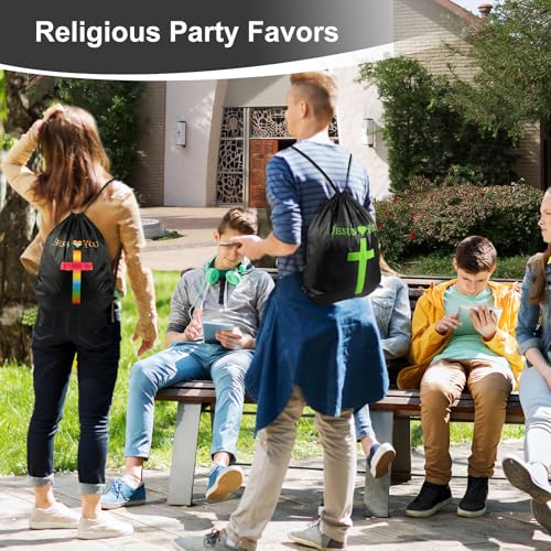 VZZNN 30 Pcs Jesus Loves You Drawstring Backpack Bulk Christian Gift Bags Church Supplies String Backpack Cinch Bag Jesus Stuff(Black)