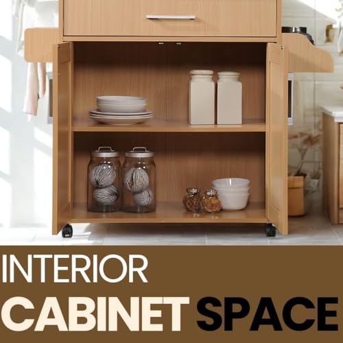 Hodedah Rolling Wood Kitchen Island Cart with Spice Rack, Towel Rack, Utensil Drawer plus Cabinet, White with Beech Top