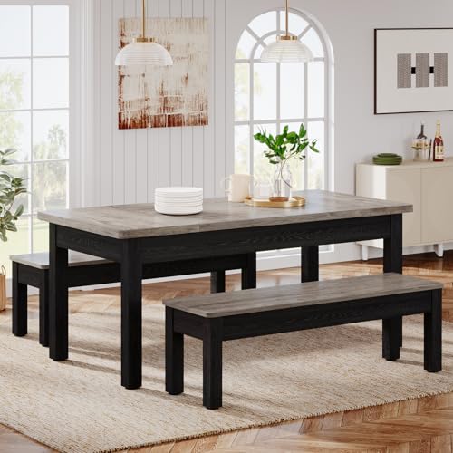Tribesigns Farmhouse Kitchen Table Set for 4-6, 55-Inch Wooden Dining Table with 2 Benches, Space Saving 3 Pieces Heavy Duty Dinette for Dining Room, Kitchen, Small Space