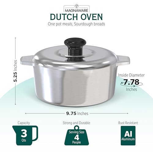 Cast Aluminum Dutch Oven with Lid - 5 Quart Lightweight Cookware Pot with Silicone Covers for Easy Handling - Even Heat Distribution & Retention - For Bread Baking, Stew, Simmering & More
