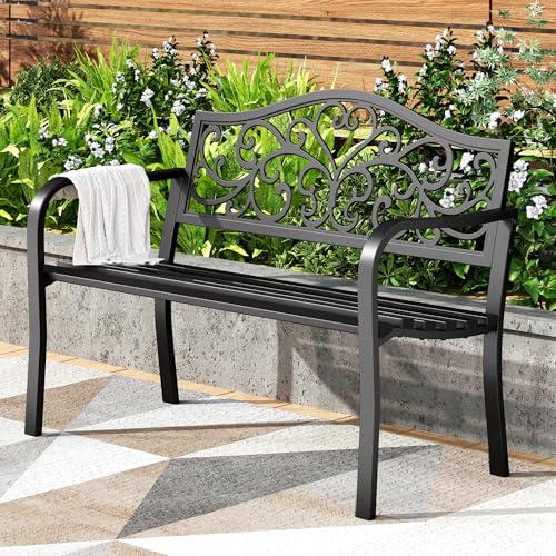 PHI VILLA 43 Inch Cast Iron Steel Frame Outdoor Garden Bench, Patio Furniture Chair Bench w/Floral Design Backrest, Slatted Seat for Park, Yard, Porch - Black