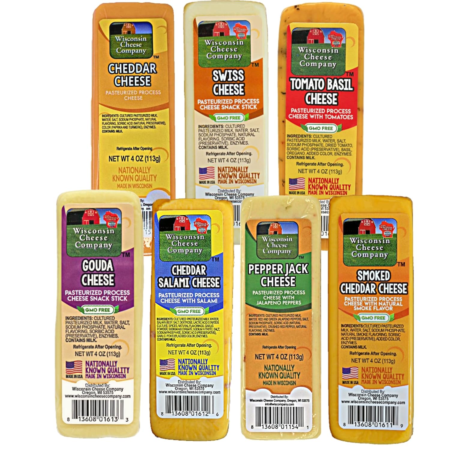 Wisconsin Cheese Company - Specialty 100% Wisconsin Cheese Block Assortment 4 oz. (Pack of 7 Blocks) Cheddar, Pepper Jack, Swiss, Gouda, Cheddar Salami, Smoked Cheddar & Tomato Basil Cheese - Cheese Sampler Gift Set