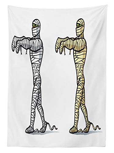 Lunarable Zombie Outdoor Tablecloth, Cartoon Style Mummy Characters Walking with Hands Up Creepy Scenes, Decorative Washable Picnic Table Cloth, 58