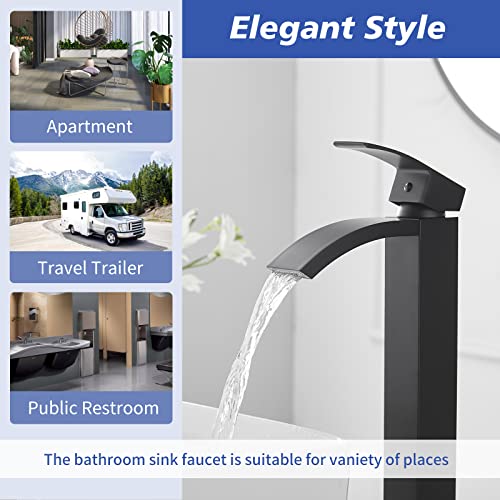 Brushed Nickel Vessel Sink Faucet, Waterfall Bathroom Faucets, Tall Spout Single Handle Single Hole Bathroom Faucets with Pop Up Drain and Without Overflow Basin Faucet Supply Line