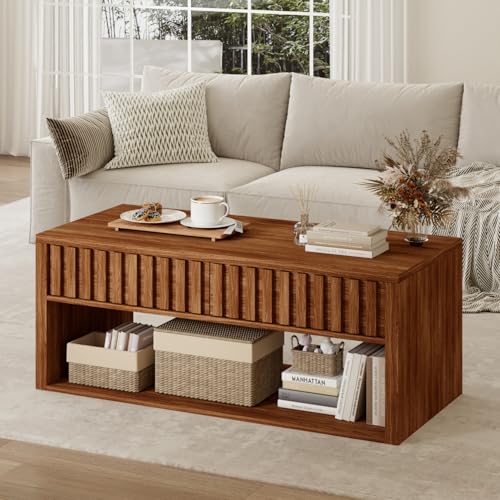 Lift Top Coffee Table with Storage Shelf & Hidden Compartment, Mid Century Modern Fluted Dining Table for Living Room, Walnut