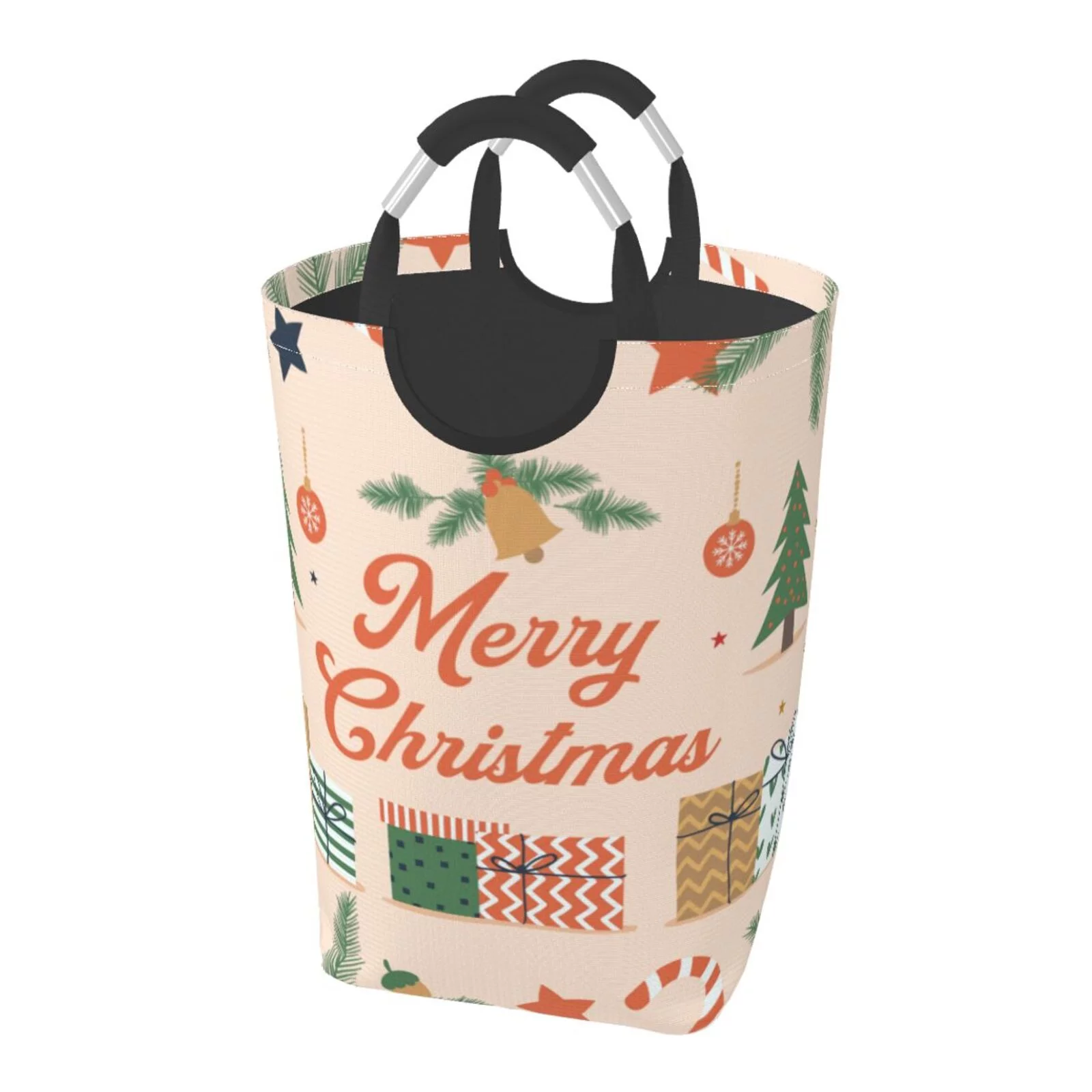 XMXT Collapsible Laundry Basket Hamper, Merry Christmas Flat Print Large Laundry Bag Clothes Hamper with Aluminum Handle, 50L