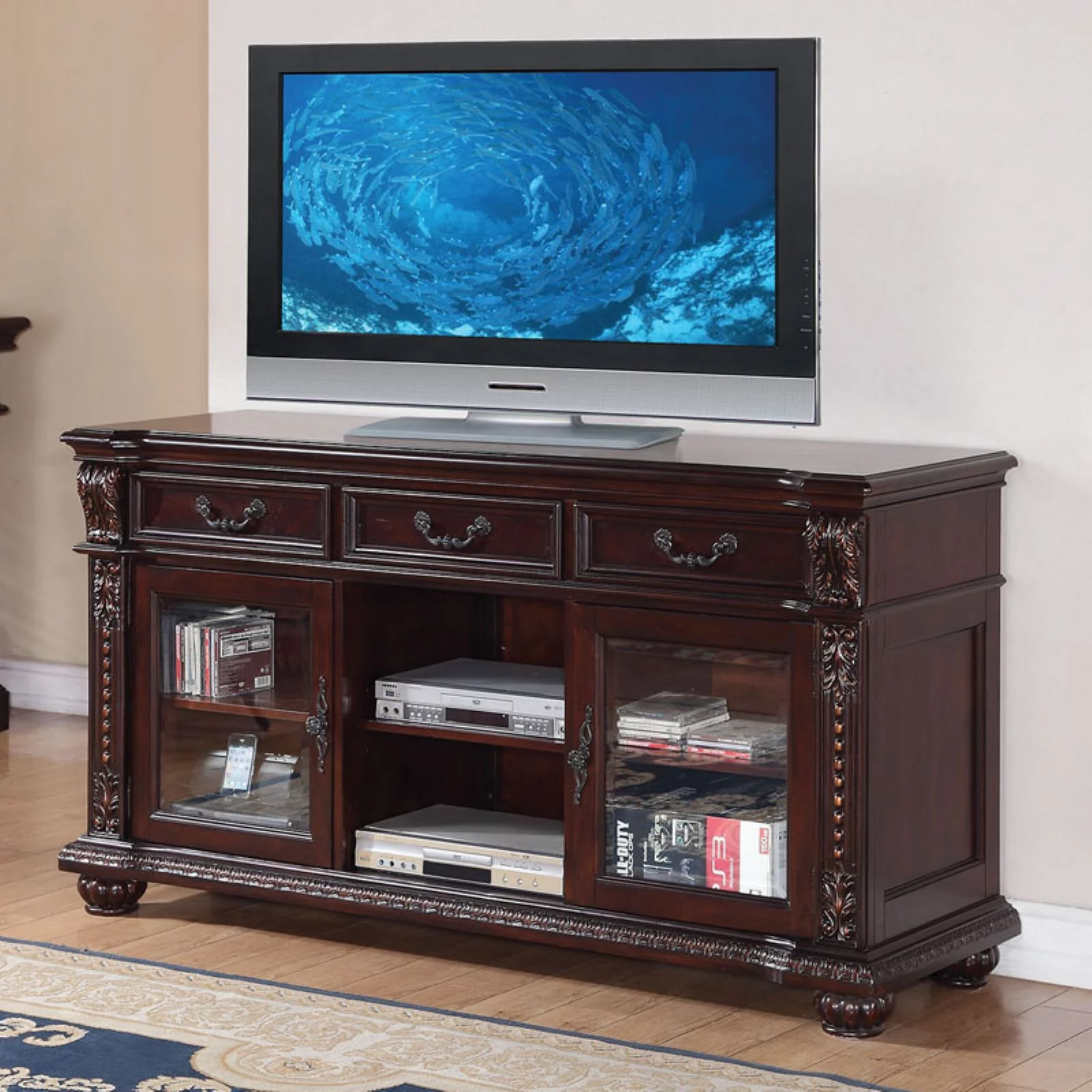 ACME Anondale 3-Drawer Wooden TV Stand with Glass Doors in Cherry
