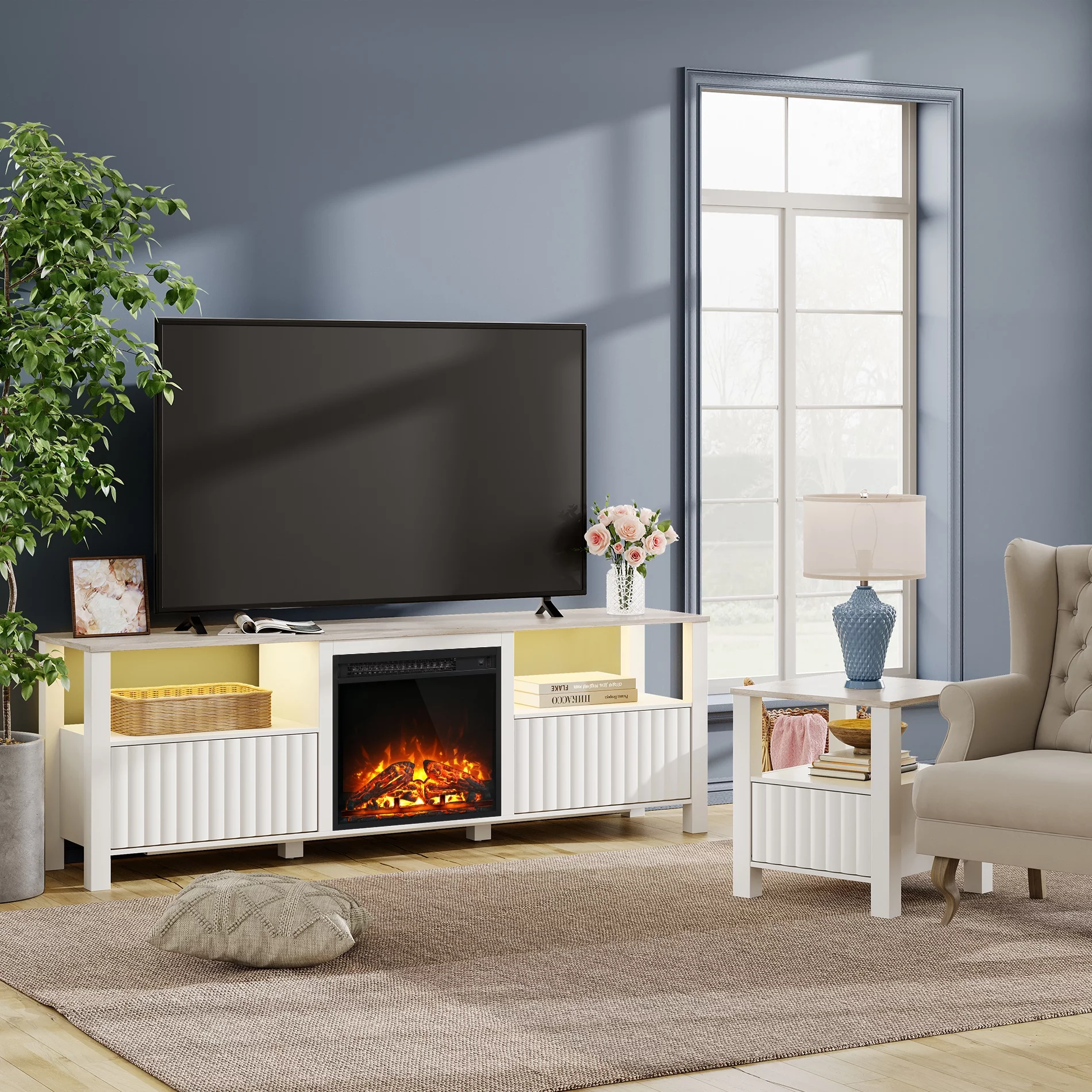 Fireplace TV Stand for TVs up to 80 Inch, Wood Entertainment Center for 75 inch TV with Electric Fireplace for Living Room Bedroom, 70 inch, White