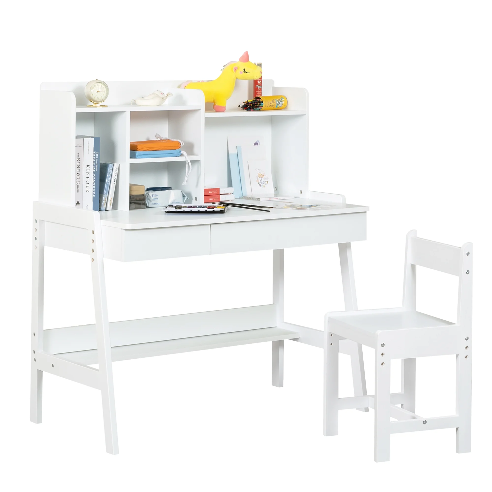 Kids Desk and Chair Set, White Wooden Study Desk for Kids with Drawers, Student Writing Desk Computer Workstation for Bedroom & Study Room for Ages 5-12 Boy and Girl