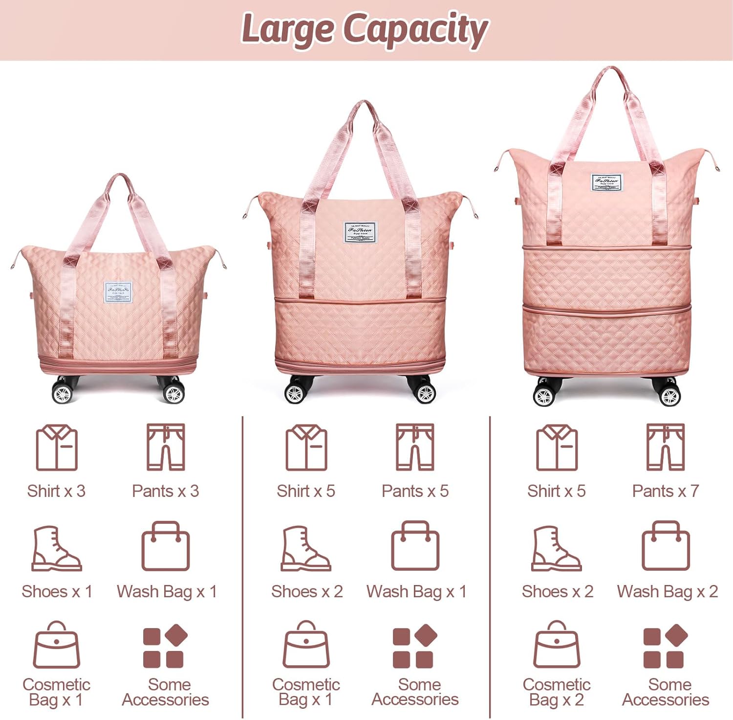 Rolling Duffle Bag with Wheels and Handle, Expandable Travel Duffel Bag Luggage Bag, Foldable Travel Bag with Wheels Rolling Carry on Duffle Bag, Large Wheeled Duffle Bag Luggage, Pink