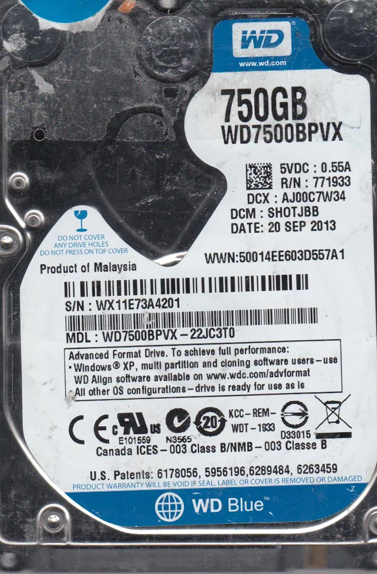 WD7500BPVX-22JC3T0, DCM SHOTJBB, Western Digital 750GB SATA 2.5 Hard Drive