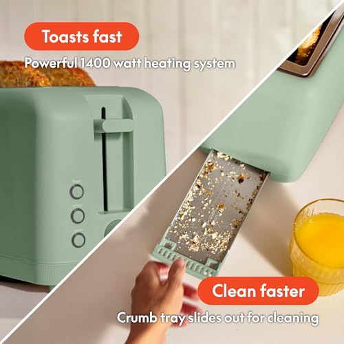 bella 2 Slice Slim Toaster, Fits-anywhere™ Kitchenware, 6 Setting Shade Control with Reheat & Cancel Buttons, Removable Crumb Tray, 10” Long Slot, Anti Jam & Auto Shutoff, 900 Watt, Oatmilk