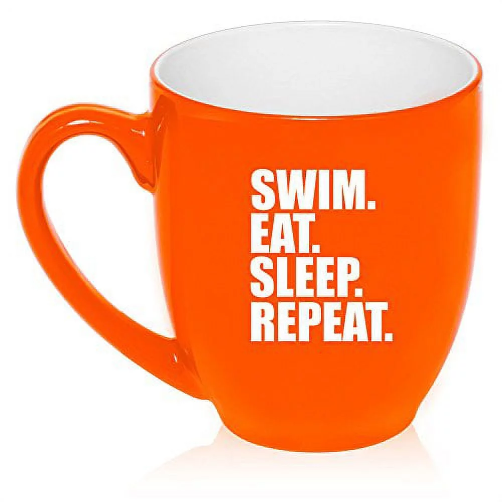 16 oz Large Bistro Mug Ceramic Coffee Tea Glass Cup Swim Eat Sleep Repeat (Orange)