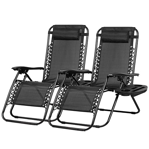 Nazhura Set of 2 Relaxing Recliners Patio Chairs Adjustable Steel Mesh Zero Gravity Lounge Chair Beach Chairs with Pillow and Cup Holder (Dark Green)