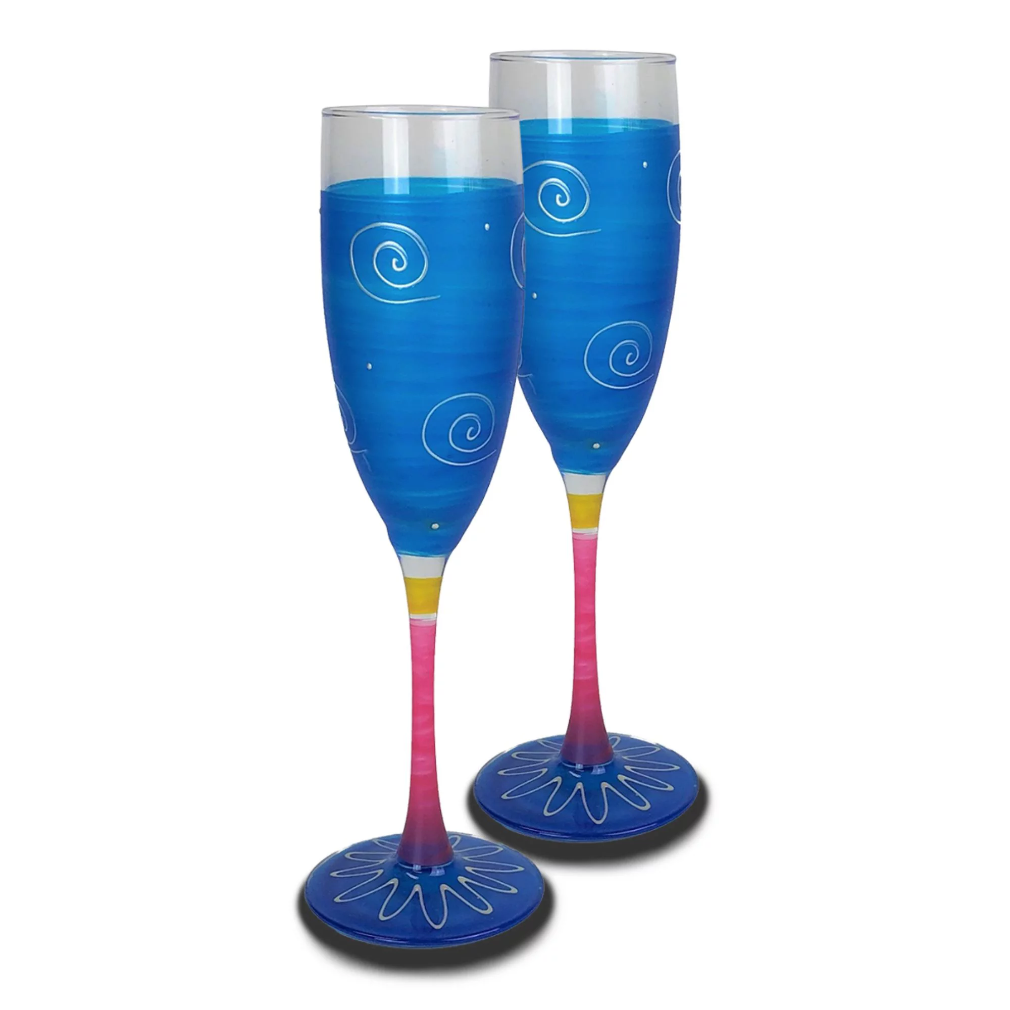 Crafted Creations Set of 2 Turquoise and White Hand Painted Champagne Drinking Glasses 5.75 oz.