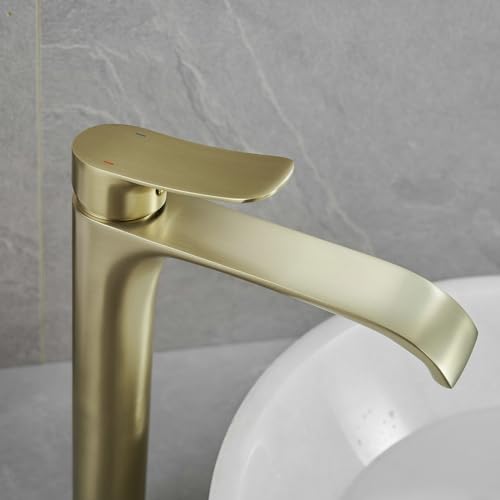 Tall Vessel Sink Faucet Bathroom Waterfall Faucet Brushed Gold Finished Single Handle Matte Black Vanity Bathroom Faucet Basin Mixer Tap with Water Supply Hose and Pop Up Sink Drain