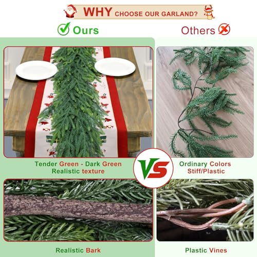 9Ft Christmas Garland for Staircase Railing Soft Bendable Real Touch Artificial Faux Evergreen Cedar Pine Mantle Garland for Fireplace Porch Table Home Yard Christmas Indoor Outdoor Decor(Real Pine)