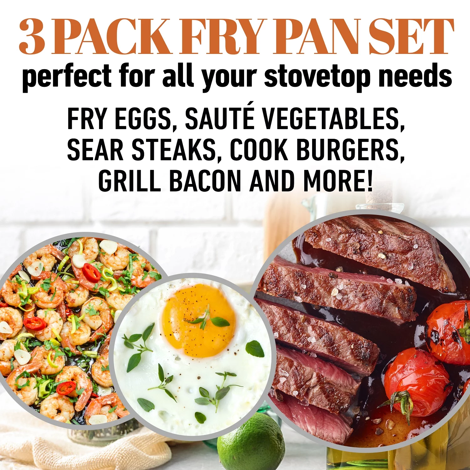 Gotham Steel Diamond 3-Piece Copper Cast Frying Pan Set, Nonstick Cookware