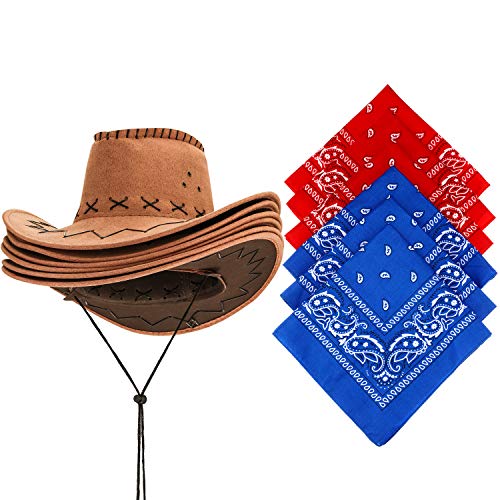 SATINIOR 6 Set Western Cowboy Hat with Bandanna Cowboy Party Bandannas Pack Western Faux Felt Farmer Hat for Halloween Christmas Carnival Costume Accessories Cosplay Fancy Dress Party Favorite