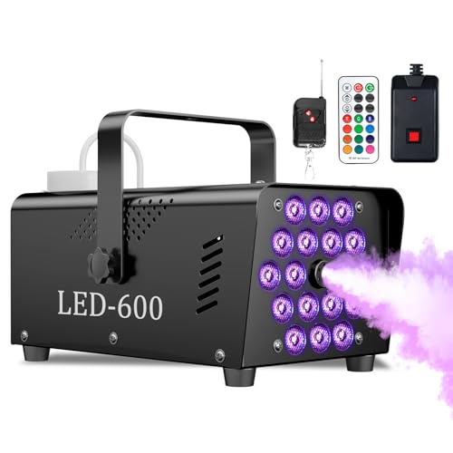 Fog Machine Smoke Machine, 18 LED Lights with 13 Colors, 600W and 2500CFM Fog, Wireless&Wired Remote control, Perfect for Wedding, Halloween, Party and Stage Effect (BLACK)