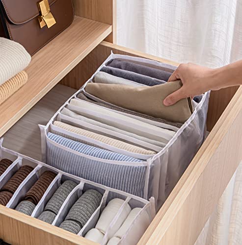 Drawer Organizers for Clothing,7 Grids Washable Wardrobe Clothes Organizer, Jeans Compartment Storage Box Foldable Closet Drawer Organizer Clothes Drawer Mesh Separation Box (White, Large-1PC)