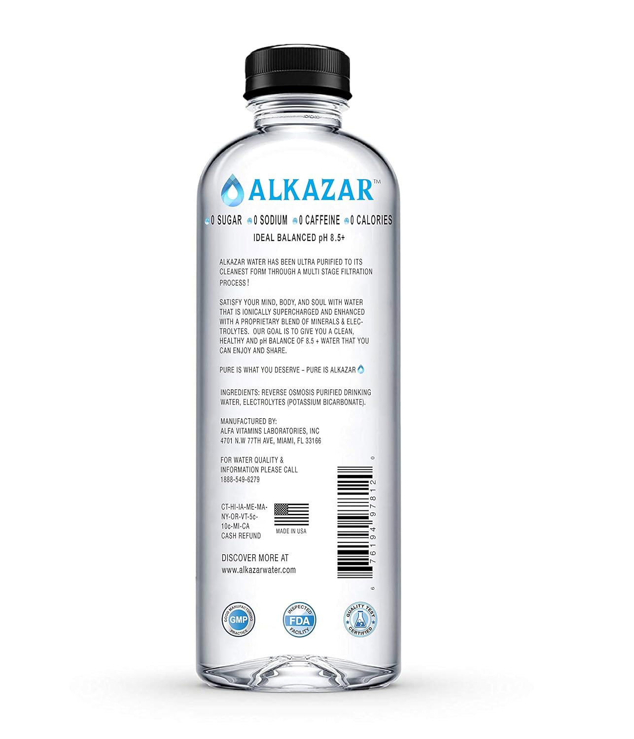 ALKAZAR - Premium Natural Alkaline Water - Ionized to pH 8.5+ with minerals and electrolytes - 34 FL OZ Bottle - 12 Pack