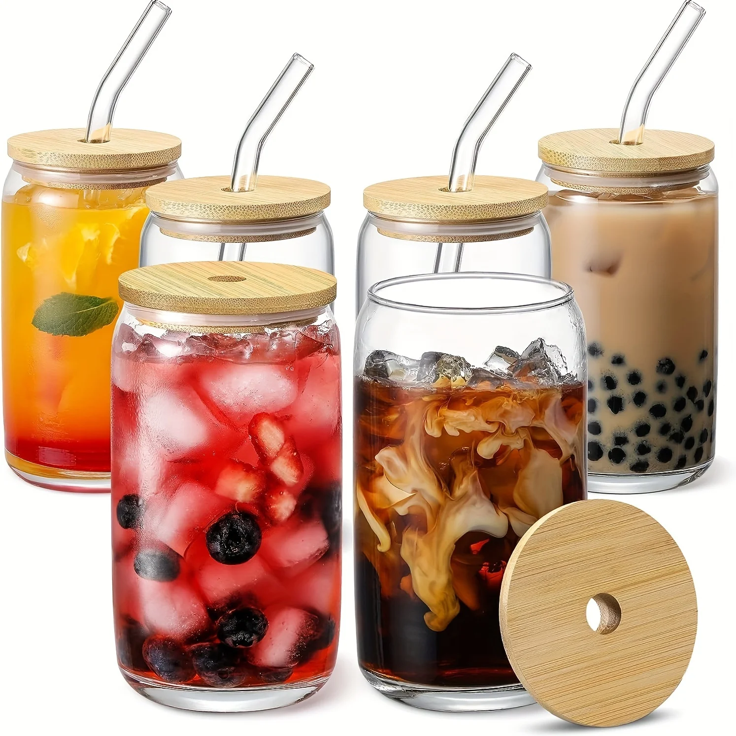 6pcs, Drinking Glasses With Bamboo Lids And Glass Straws, 16oz Can Shaped Glass Cups For Beer, Ice Coffee, Cute Tumbler Cup Great For Soda, Boba Tea, Cocktail, With Free 2 Cleaning Brushes