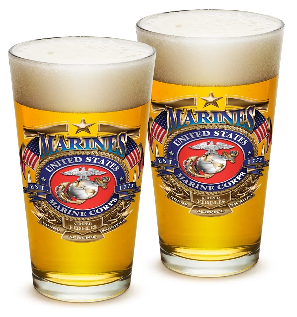 Pint Glasses – US Marine Corps Gifts for Men or Women – USMC Badge of Honor Beer Glassware – Beer Glasses with Logo - Set of 2 (16 Oz)