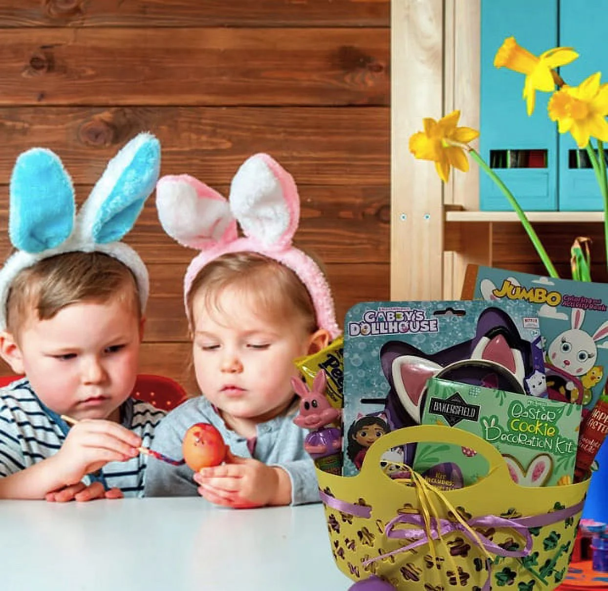 DC Easter Gift Basket, Musical Ears Headband Cookie Decoration Kit Jumbo Coloring Book Easter Egg Candies & Bucket for Kids Girls Easter Egg Hunt Party Favor Holiday Birthday Gifts (Contents Vary)