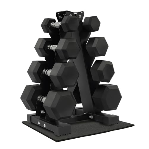Fitvids Rubber Encased Hex Dumbbell Set with Rack, 5-20LB or 5-25LB Hand Weights with Anti-Slip Grip for Exercise & Fitness, Dumbbell Weights Set for Home Gym, 100LB or 150LB Set Options