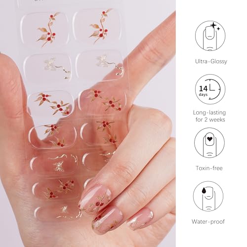 DANNI & TONI Semi Cured Gel Nail Strips Christmas Santa Claus Snowflakes Cat Eye Gel Nail Wraps 28 Stickers | Mistletoe Meow