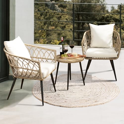 IDZO Heavy Duty 500lbs Weight Capacity Wicker Bistro Table and Chairs Set of 2 with Olefin Fabric Soft Cushions