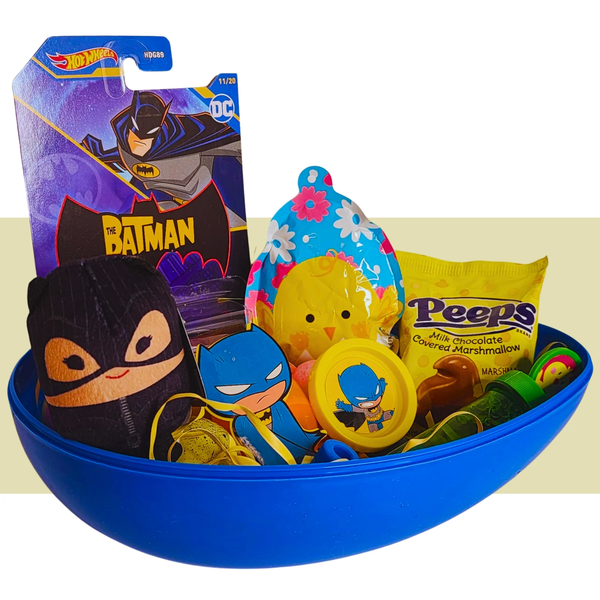 Happy Easter Basket Pre-Filled Surprise Jumbo Egg w/ Batgirl Plush Toy Bat Mobile Car Kids Girls Balloon Eggs Peeps Candies & Reusable Plastic Egg-Shaped Container Spring Party Favors (Contents Vary)
