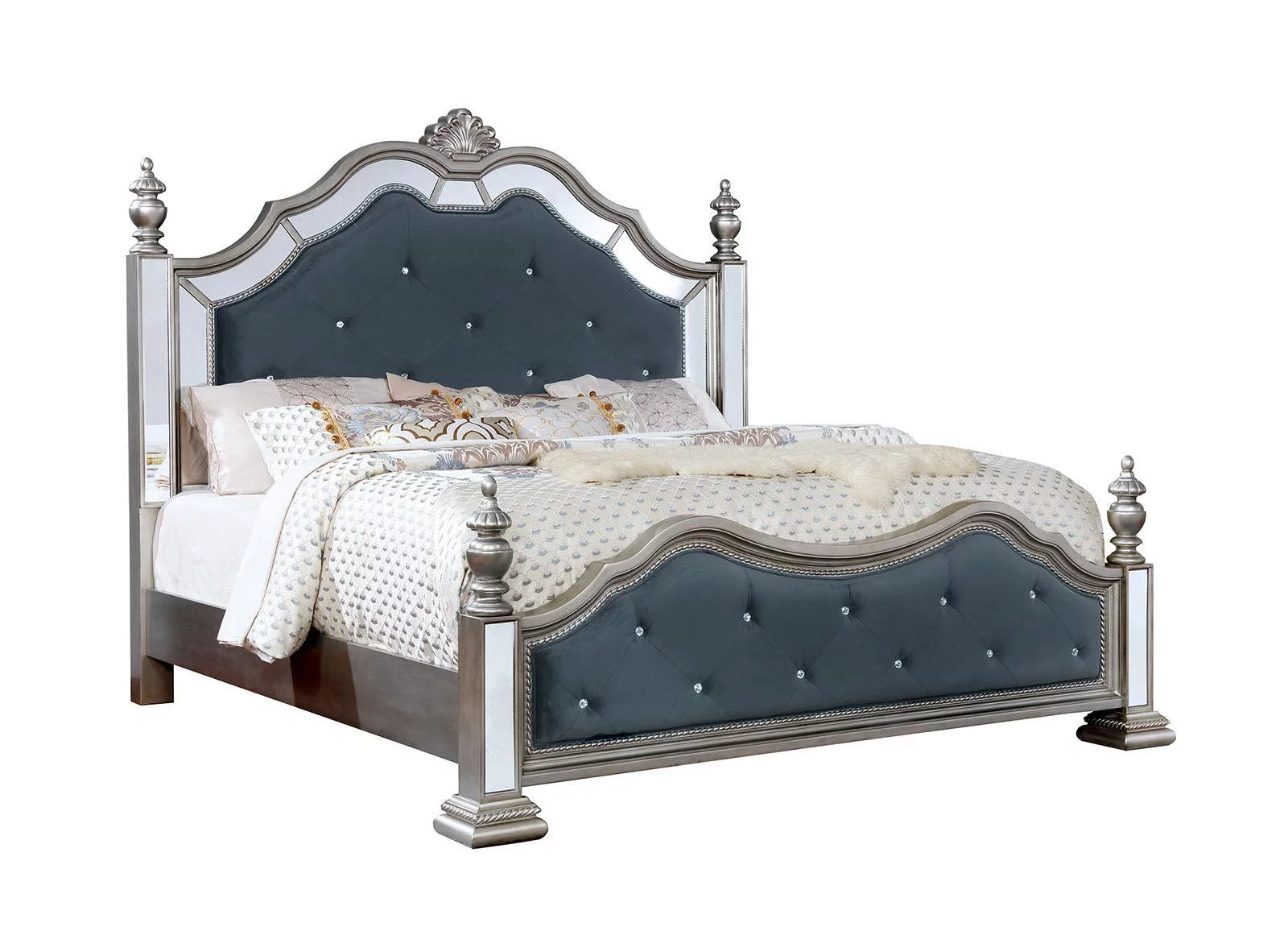 Glam Silver Solid Wood Queen Bedroom Set 3pcs FOA CM7194 Azha