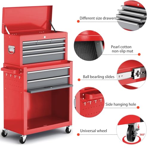 Tool Chest 8-Drawer | 42'' Large Rolling Tool Chest with Wheels | Detachable Top Metal Tool Box | Garage Storage Cabinet for Repair Room,Warehouse | Rolling Tool Box with Hooks,Liners,Tray Divider