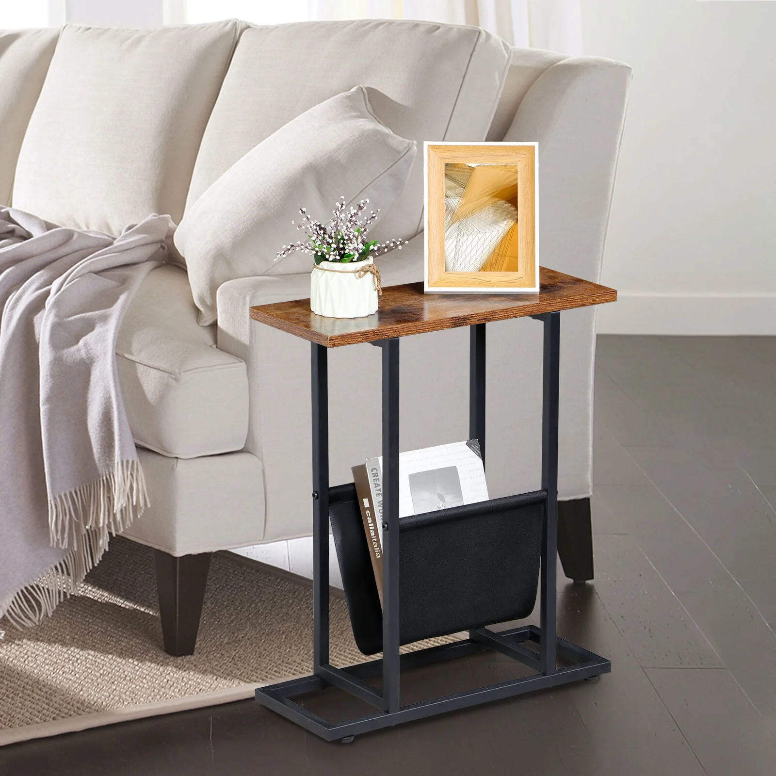 Vintage Narrow End Table Sofa Side Table with Side Pocket for Living Room
