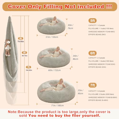 Bean Bag Chair Cover, Waterproof Faux Fur Bean Bag Cover Only(No Filler), 5FT Round Beanbag Chair with Pocket, Big Giant Bean Bags Chairs for Adults Kids Teens, Stuffed Animal Storage
