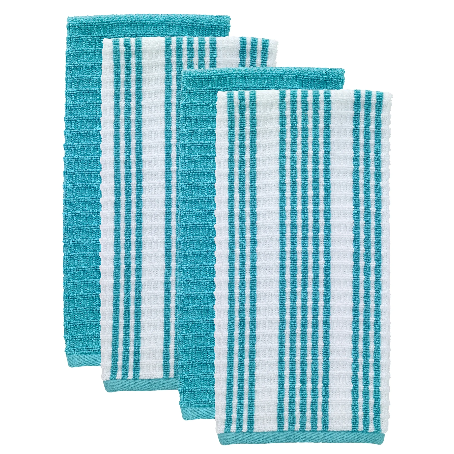T-FAL Solid and Stripe Waffle Kitchen Towel, 4 Pack, Breeze