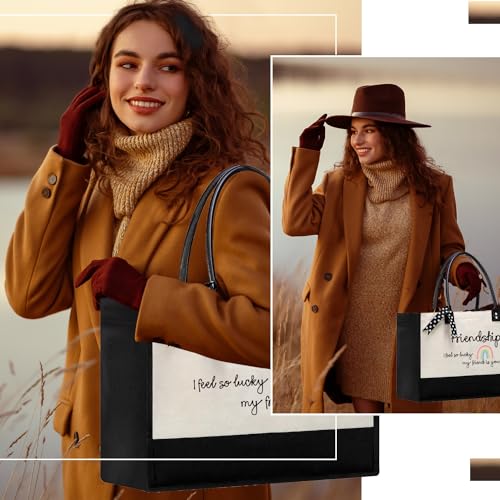 BeeGreen Mother's Day Gifts Personalized Women's Large White and Black Canvas Tote Bag, Embroidered Initials, Leather Handle, Zipper Closure