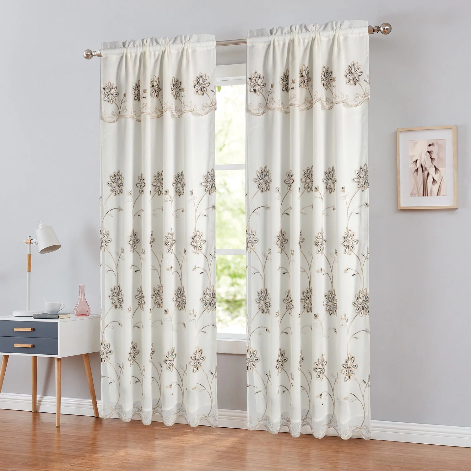 Brynn Floral Embroidered Motifs Rod Pocket Panel with Attached Valance & Backing by PREMIUS, Brighten Home Spaces & Solid Backdrop, Light & Elegant Look Perfect Any Space, 54x90 Inches Each (Black)